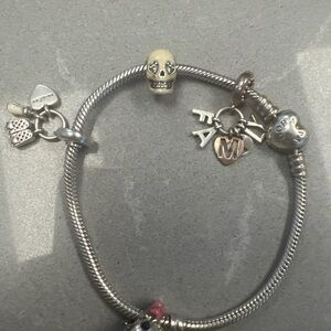 Pandora Sterling Charm Bracelet w/ Disney Stitch, Skull, Baby & Initial Charms